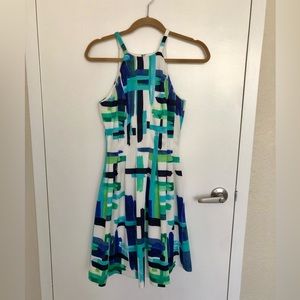 Vince Camuto Knee Length Fit and Flare Halter Dress Blue/Green Multi Colored